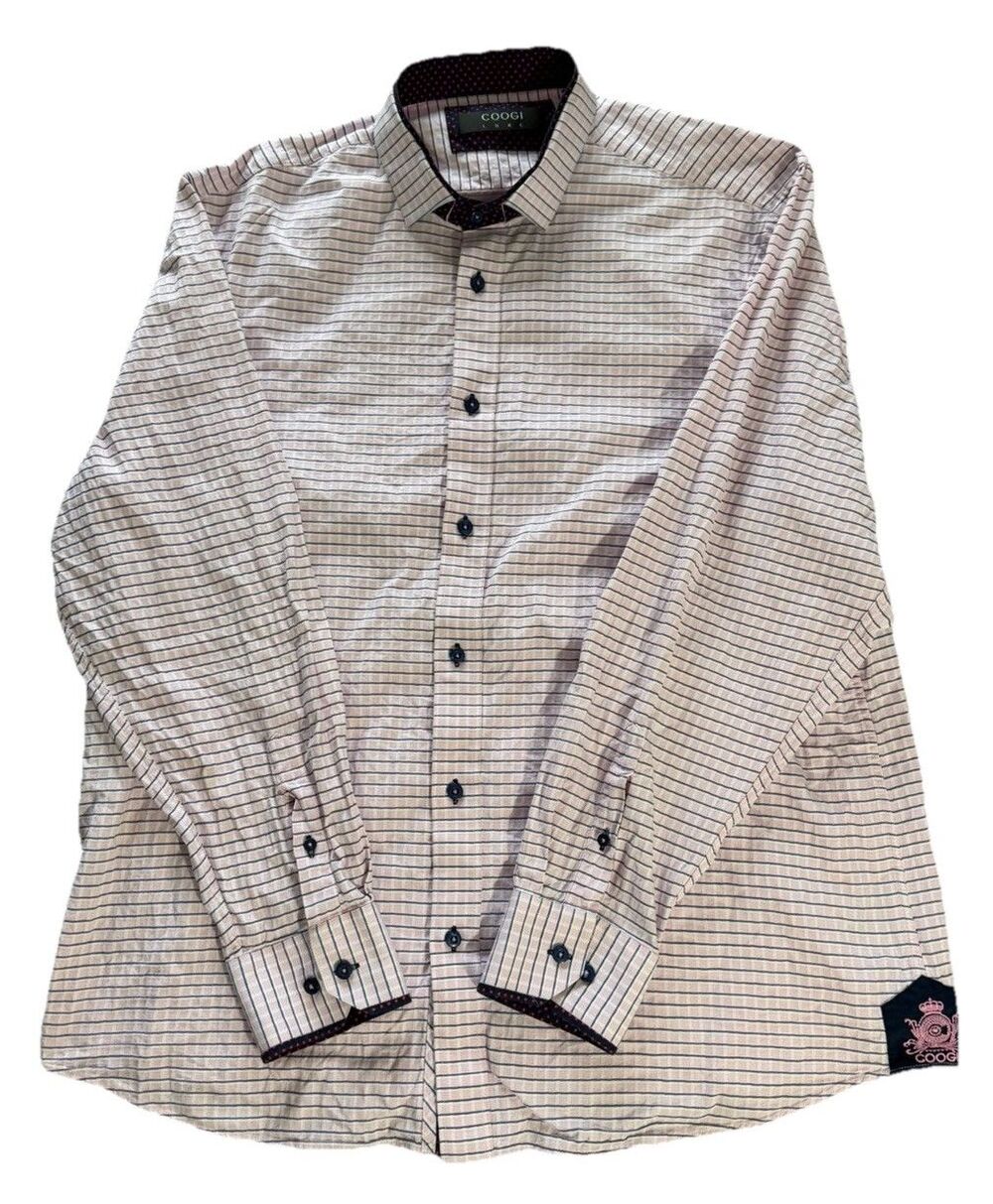 COOGI Luxe Mens Button Up Shirt 2XL XXL Pink Plaid Long Sleeve Contrast Cuff